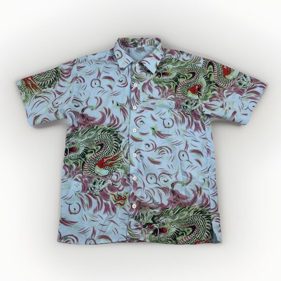 Y2K Claudio Nucci Trippy Flames Dragon AOP  Button Shirt Men Sz L Blue / Green - Picture 1 of 16
